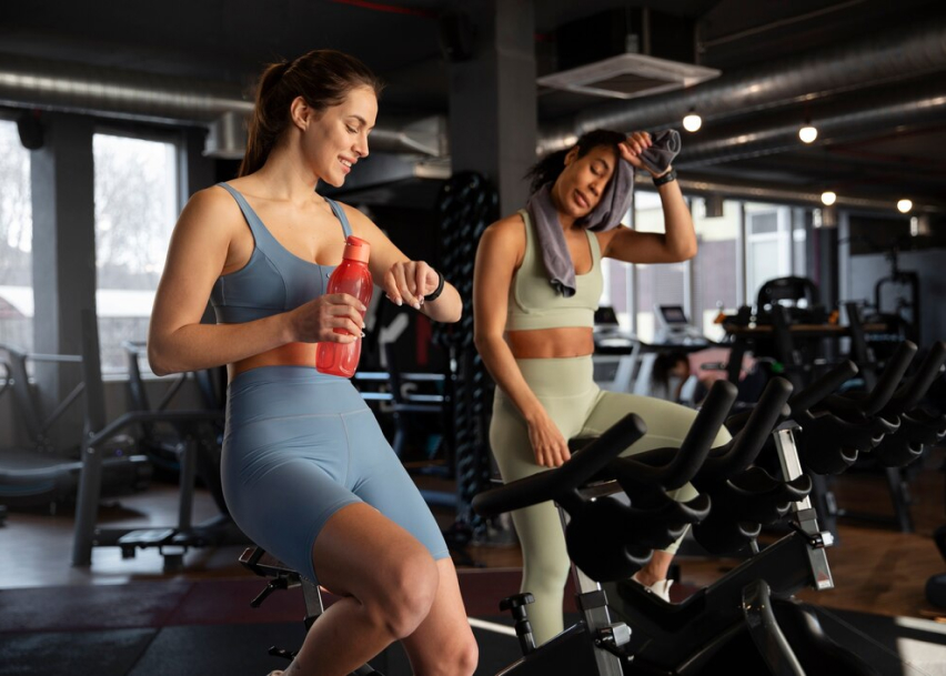 Две девушки занимается на велотренажерах